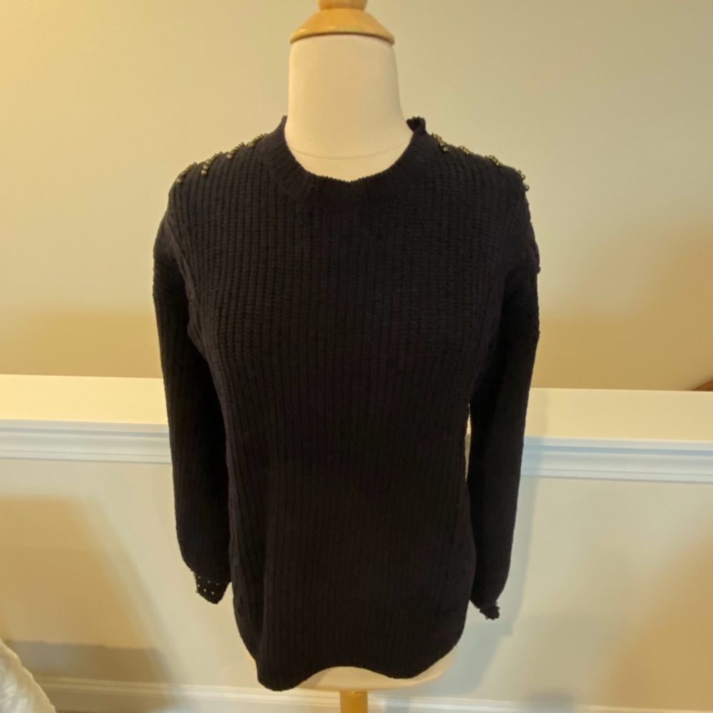 Aqua Navy Knit Sweater w/ Blk Bead Accents Sz M
